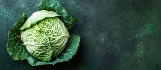 Poster - Top view of fresh white cabbage on a green background, suitable for dietary and vegetarian meals, featuring copy space image.