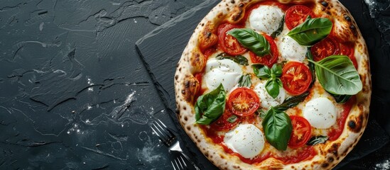Poster - Top-down view of Italian pizza featuring burrata cheese, ripe tomatoes, and fresh basil on a black stone surface with cutlery, providing space for additional images.