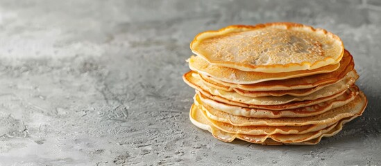 Sticker - Stack of homemade Russian thin pancakes blini on a gray background with copy space image, showcasing traditional Russian cuisine and culinary culture.