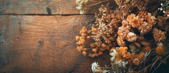 Aufkleber - Vintage filter enhances beauty of dried flowers on rustic wooden backdrop with ample copy space image.