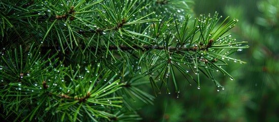 Leinwandbilder - Pine needles adorned with rain droplets on a rainy day, creating a picturesque scene. Copy space image. Place for adding text and design