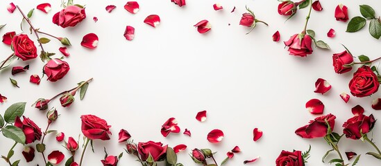 Wall Mural - Top-down view of a frame created from rose blossoms on a blank white backdrop, featuring a flat lay design with ample copy space image.