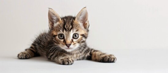 Poster - A small Bengal kitten with charcoal fur rests on a white backdrop, creating a setting suitable for text or additional images.