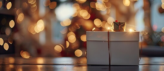 White box with Christmas decoration, defocused lights background, ample copy space image.