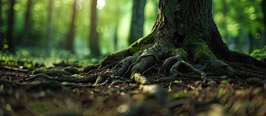 Leinwandbilder - Detailed close-up of pine tree roots in a forest, shot from a low angle to capture the natural scenery with a blurred background, highlighting the ecological environment. Add copy space image.
