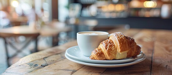 Poster - Breakfast consisting of coffee and a croissant, captured with a shallow depth of field in a copy space image.