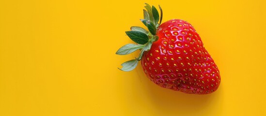 Wall Mural - Top view of a fresh, ripe strawberry with a pattern on a yellow pastel background, providing ample copy space image.