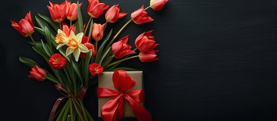 Aufkleber - Aerial view of a bouquet of red tulips and daffodils, accompanied by a gift box with a red ribbon, set against a black backdrop, emphasizing the floral theme with available copy space image.