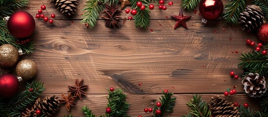 Poster - A Christmas card displaying festive decorations with a white empty space for your message set against a wooden backdrop. Copy space image. Place for adding text and design