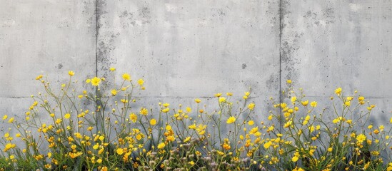 Sticker - Wild yellow flowers blooming alongside a concrete wall providing a unique backdrop with empty space for further imagery. Copy space image. Place for adding text and design