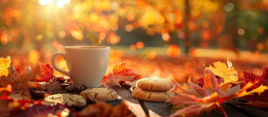 Wall Mural - Coffee cup accompanied by fall foliage and a cookie in an autumn-themed copy space image.