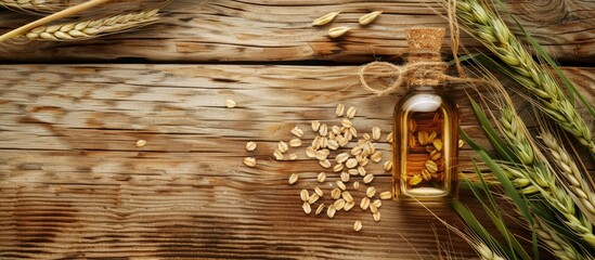 Poster - A glass bottle featuring essence made from wheat, barley, rye, and oats displayed on a wooden surface with green wheat ears, ideal for cosmetic product ads needing a copy space image.