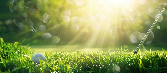 Sticker - A high-quality photo showing golf clubs, a ball, on green grass under the everlasting sunbeams with copy space image.