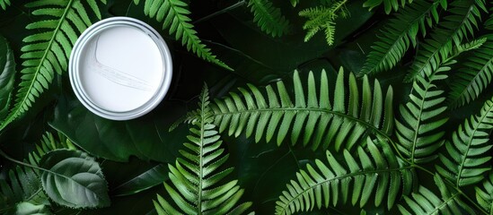 Poster - Top view of under-eye patches jar on lush green fern leaves with copy space image, a cosmetic product.