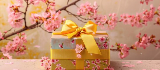 Aufkleber - Colorful gift box with a yellow and golden ribbon bow, adorned with cherry blossom sakura flowers, displayed on a table with a white background for a copy space image.