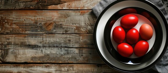 Poster - Top-down view of red Easter eggs on black and white plates displayed on a rustic wooden table with a blank background for copy space image.