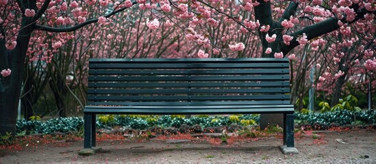 Leinwandbilder - An empty bench with no people around in a garden, set against a backdrop of blossoming cherry blossom trees (sakura tree), with copy space image.