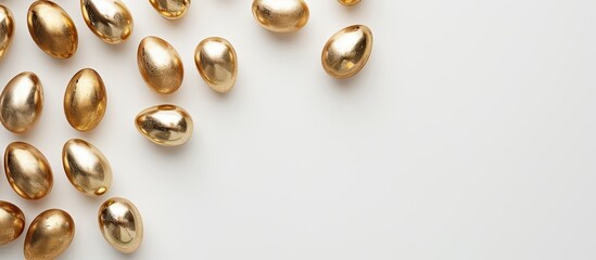 Fototapete - Minimalistic Easter concept presented with golden eggs against a white backdrop, suitable for copy space image.