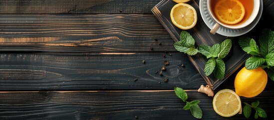 Poster - A cup of tea with lemon, mint leaves, and ginger slices on a dark wooden background, with room for additional images.