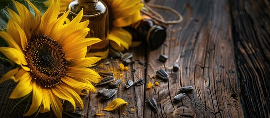 Poster - Sunflower oil concept with copy space image featuring ripe sunflower seeds on a flower head and a bottle of sunflower oil on rustic wood.