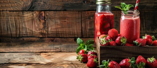 Poster - Wooden table with a wooden box holding strawberries, a springtime smoothie, and a drink option, with a copy space image provided.