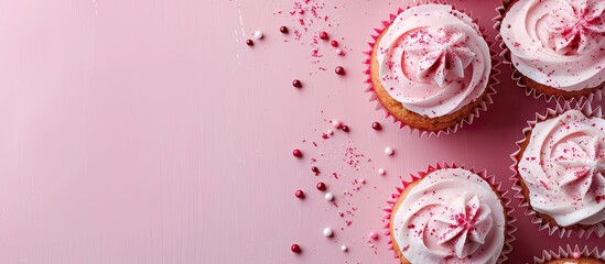 Poster - Cupcakes topped with pink and white frosting, perfect for a bakery advertisement with copy space image.