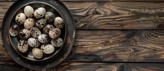Aufkleber - Top view of quail eggs on metal plate against wooden backdrop with copy space image.