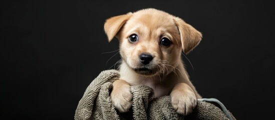 Sticker - Studio shot indoors of an adorable puppy with a towel, symbolizing pet care, education, and training, set against an isolated background with copy space image.