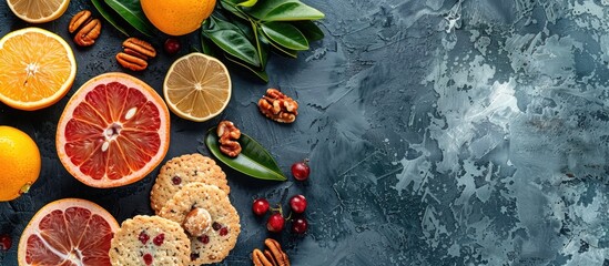 Poster - A fresh and appetizing arrangement on the table with halved citrus, golden nuts, two sweet biscuits, and a juicy fruit flavor, all complemented by an enticing copy space image.