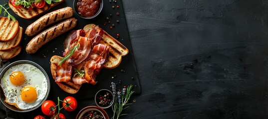 Wall Mural - Classic English Breakfast Spread on Black Background: An iconic top-down view