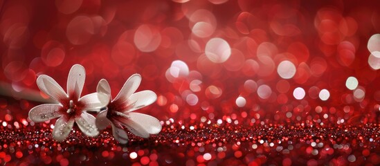 Wall Mural - A charming floral ornament on a blurry red glitter paper backdrop with space for your text or image. Copy space image. Place for adding text and design