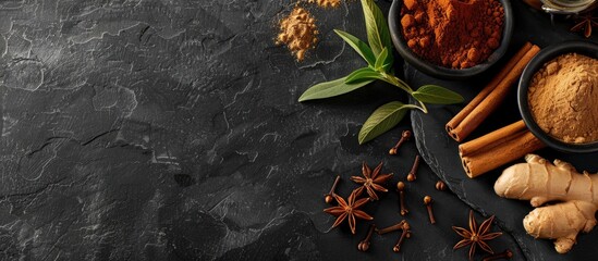 Poster - Top view of gourmet sweet spices including cinnamon, ginger, and leaves on a black stone backdrop for desserts and cakes, with visible copy space image.