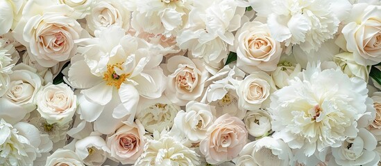 Aufkleber - Blooming white peonies and roses in a garden with floral wallpaper. Modern color scheme symbolizing love. Ideal for a card or text with ample copy space image.