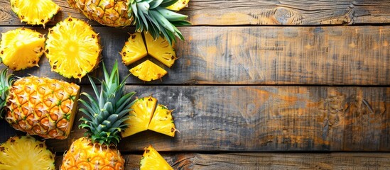 Aufkleber - Whole and sliced pineapple on a wooden surface with copy space image.
