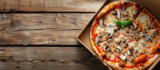 Aufkleber - A delicious Italian pizza topped with mushrooms, chicken, and cheese, elegantly presented on wooden boards and in a box, perfect for a retro-style dinner with ample copy space image.