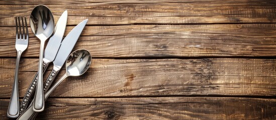 Poster - Cutlery set rests on a wooden surface with space for additional content in the image.