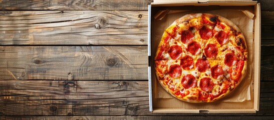 Poster - Top view of a pizza on a wooden surface in a cardboard box with ample copy space image, showcasing the concept of pizza delivery with selective focus.