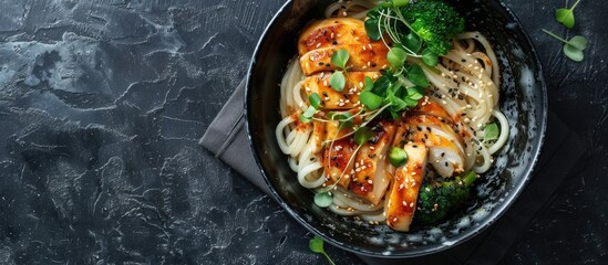 Wall Mural - Top view of a bowl with udon noodles and chicken on a dark stone surface, with a copy space image.