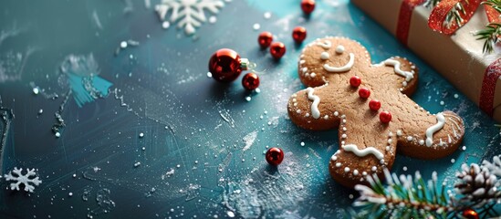 Aufkleber - A Christmas-themed gingerbread cookie with festive decoration in a seasonal setting with copy space image.