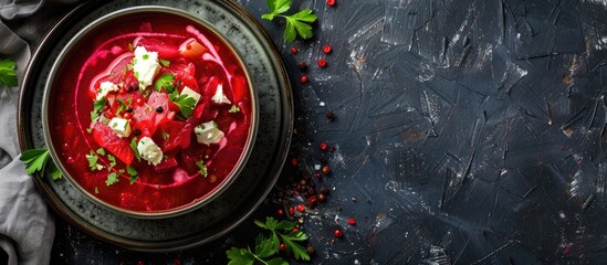 Wall Mural - Close-up of a plate with delicious borscht soup, with ample copy space image.