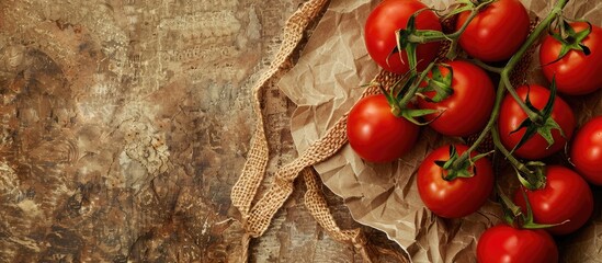 Poster - Top view of fresh red tomatoes on a rustic brown paper background with a burlap ribbon, perfect for a copy space image promoting a vegan, vegetarian, and healthy food message.