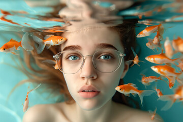 A young woman with glasses submerged in water surrounded by goldfish.