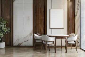 Wall Mural - A white and brown room with a white framed picture on the wall. The room has a modern design with a white table and four white chairs. There is a potted plant in the room