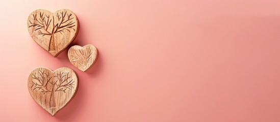 Wall Mural - Valentine's Day concept with tree symbol shown on wooden hearts against a pink backdrop, ideal for a copy space image.