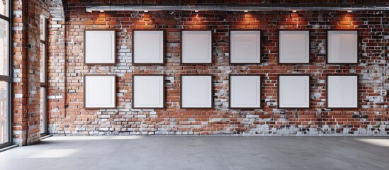 Sticker - Modern art gallery displaying frames with blank canvases on a brick wall, providing copy space image for design.