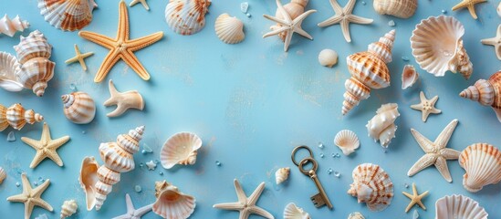 Wall Mural - Summer-themed arrangement showcasing a key amidst various shells and starfish on a blue background. Perfect for vacation-themed Instagram posts, featuring a top-down view and ample copy space image.