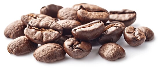 Poster - Close-up studio shot of coffee beans isolated on a white background, creating an intriguing copy space image.