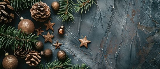 A gray table from above holding old wooden Christmas ornaments and pine branches, with room for text beside the image. Copy space image. Place for adding text and design