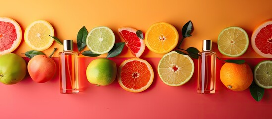 Poster - Fruit perfume bottles displayed on a colorful background with copy space image.