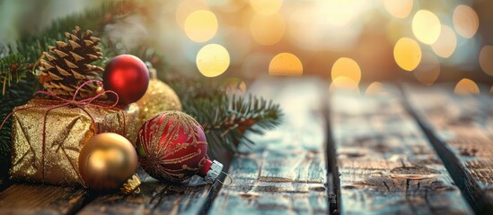 Poster - Christmas ornaments on a wooden table with a golden gift box, creating a festive background with copy space image.